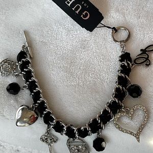 🆕 NWT Guess Charm Bracelet, black & silver, toggle clasp, 8”